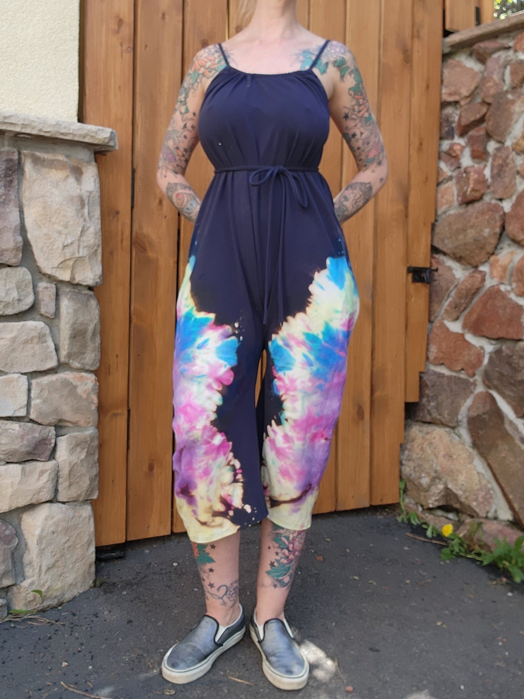 Rainbow Wide Leg Capri Romper - Navy