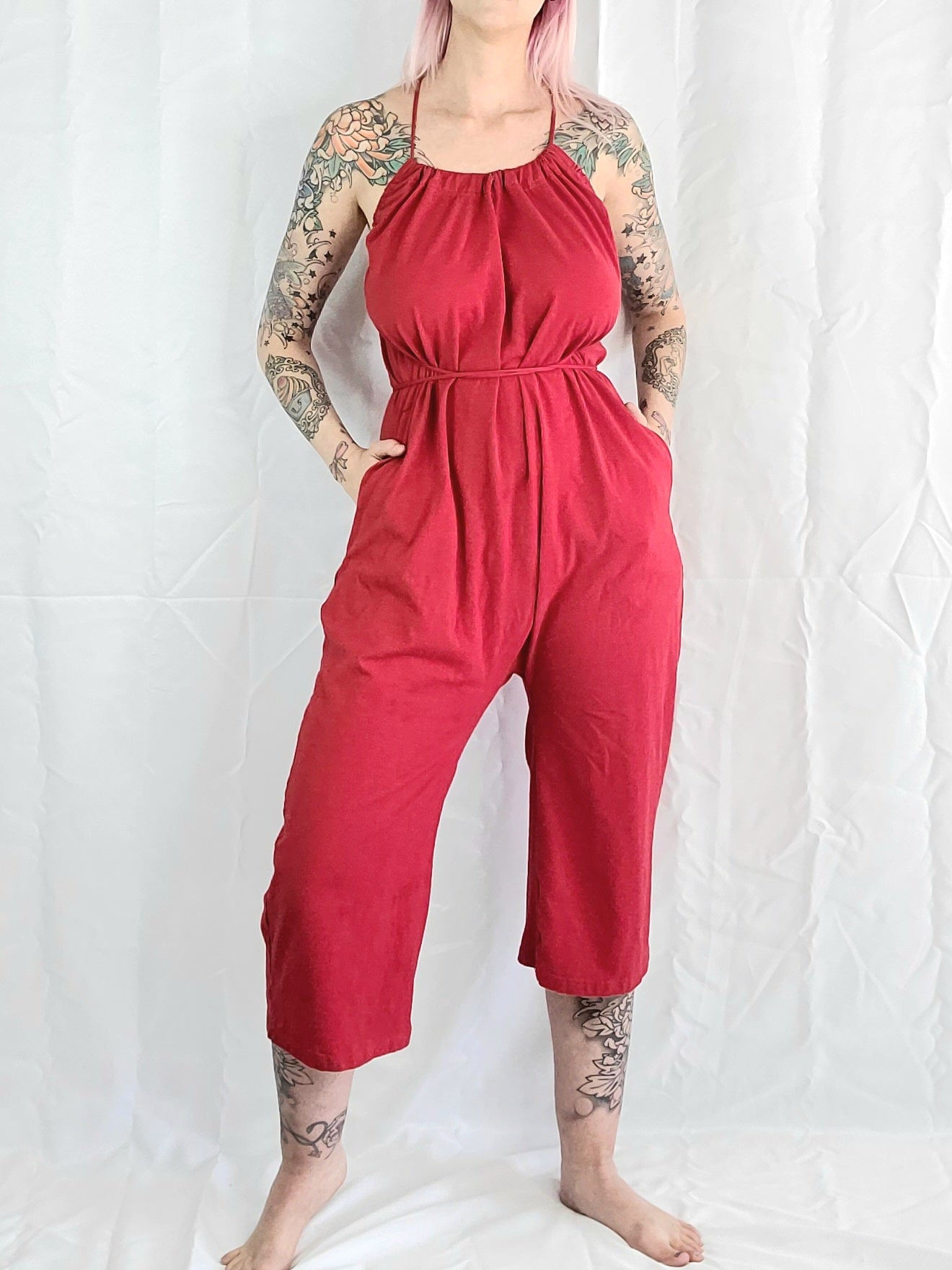 Wide Leg Capri Romper - Red