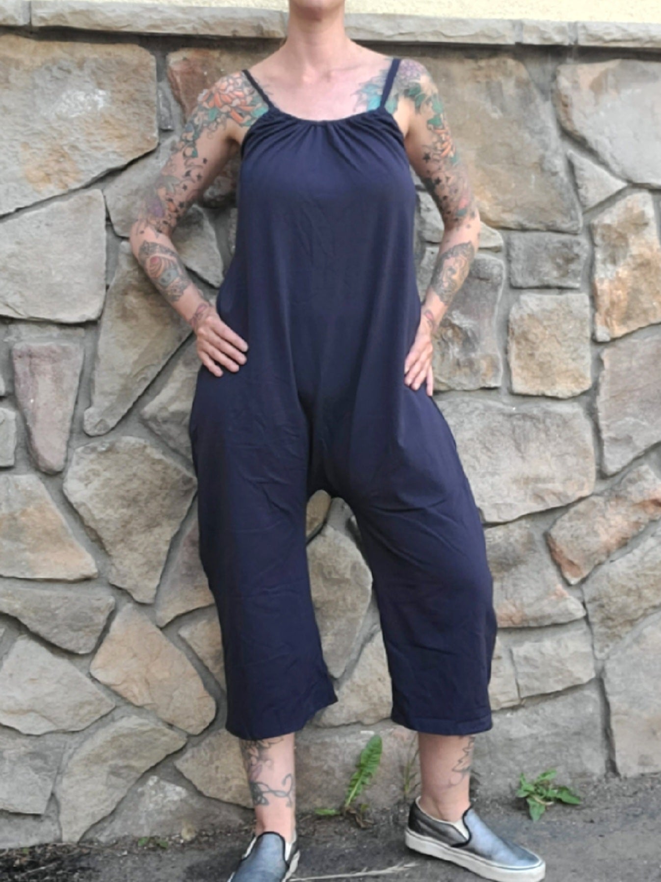 Wide Leg Capri Romper - Navy